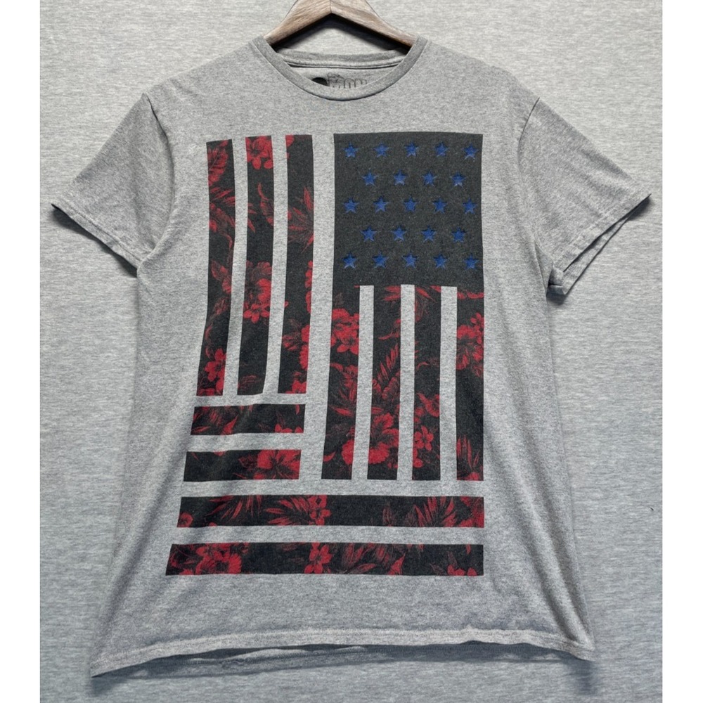 2 Monkeys T Shirt Mens Medium Heather Gray Graphic Print American Flag Floral
